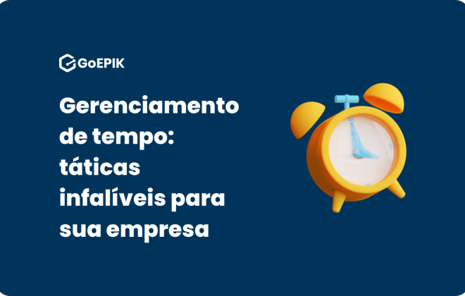 Imagem de um relógio em um fundo azul com uma escrita ao lado "Gerenciamento de Tempo: Táticas infalíveis para sua empresa"