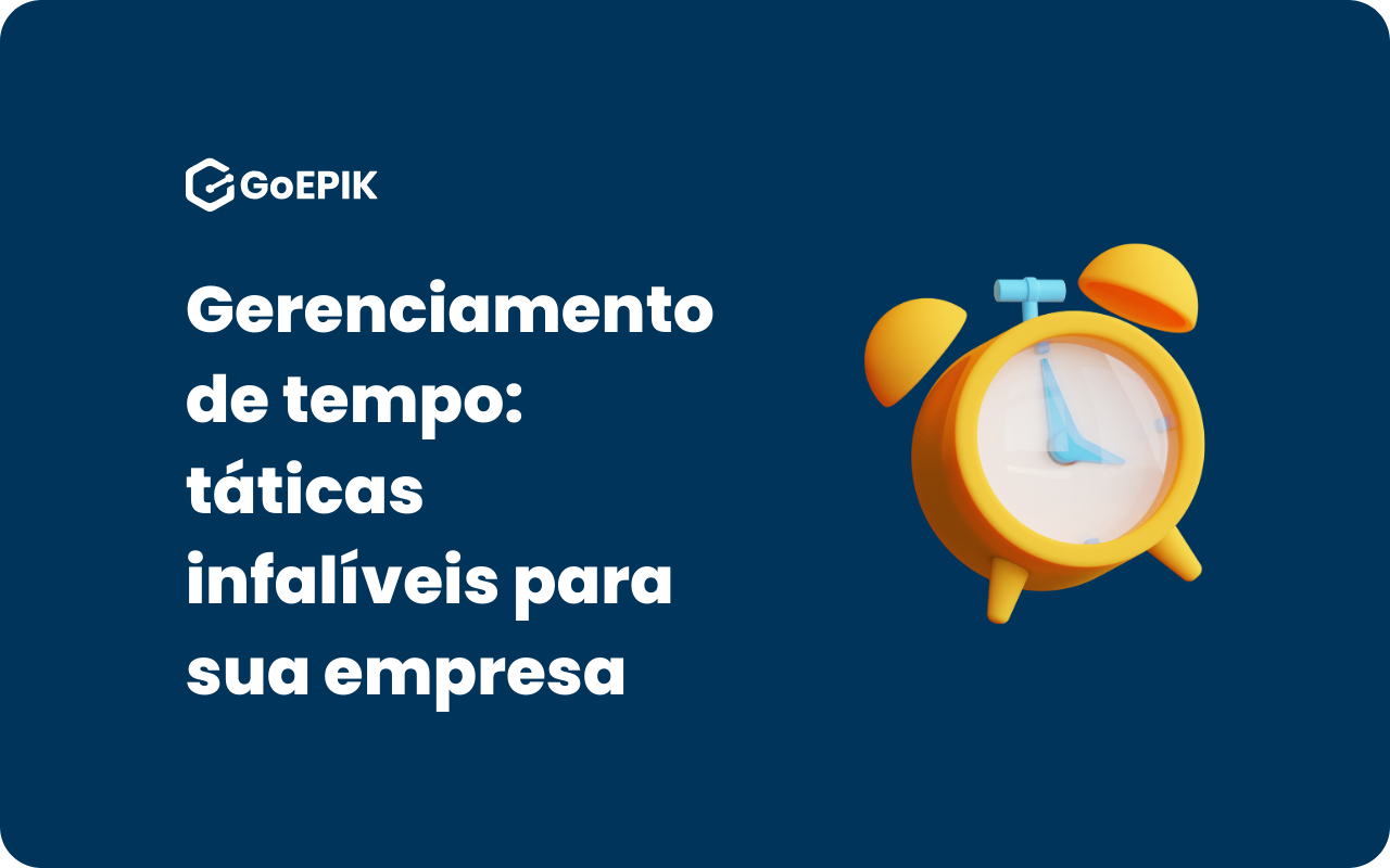Imagem de um relógio em um fundo azul com uma escrita ao lado "Gerenciamento de Tempo: Táticas infalíveis para sua empresa"